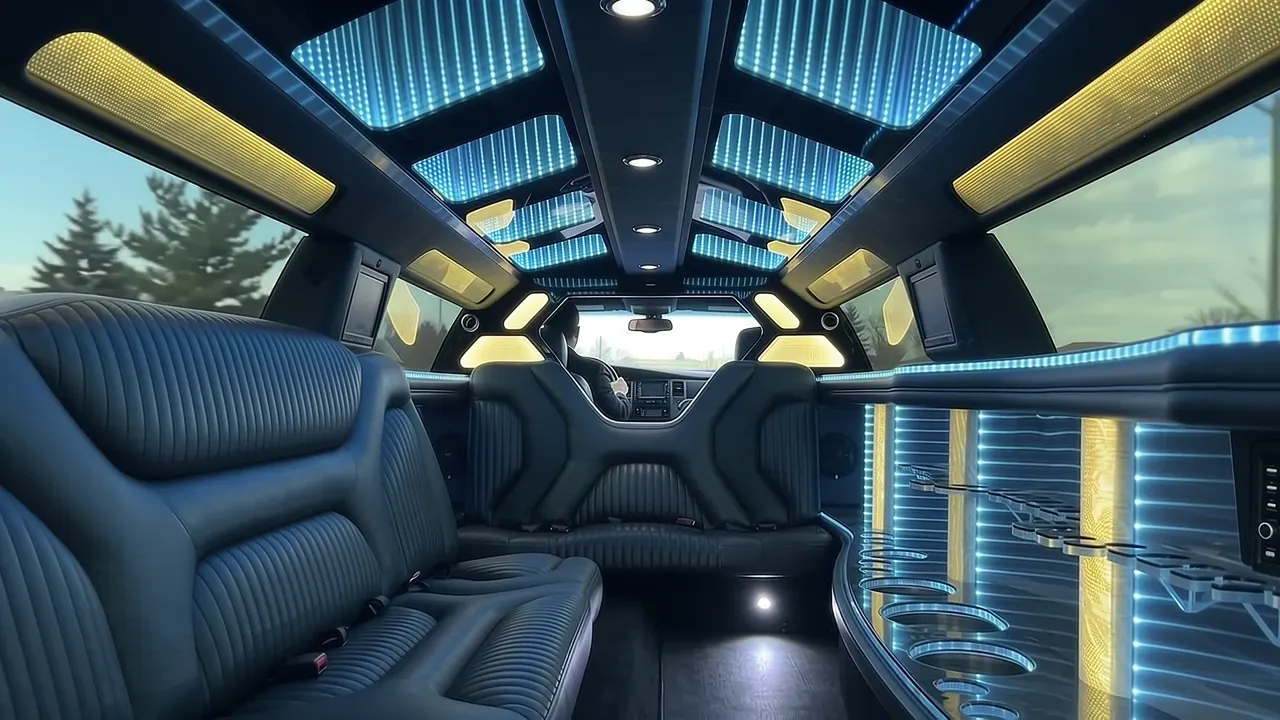 Inside the Dodge Charger limo in Cheyenne: LED light-show ceiling, leather lounge seating and lit bar