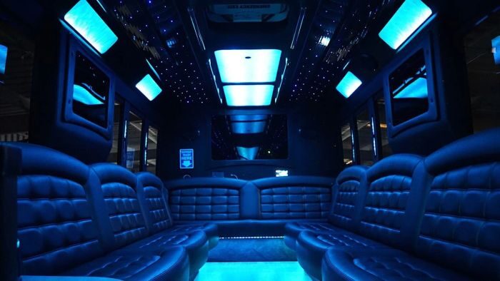 Wraparound seating and blue LED lights – Cheyenne party bus rental